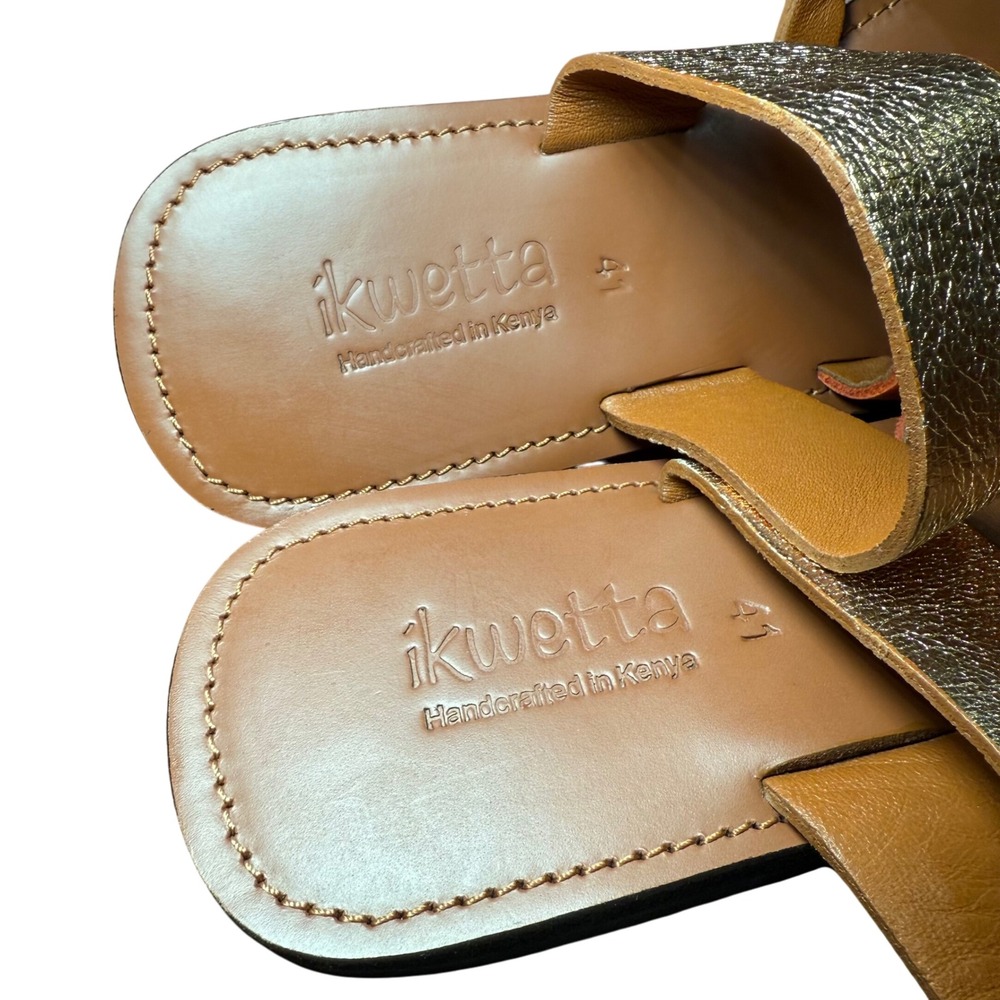 Ikwetta Handcrafted Leather Sandals Kenya Orange Gold Strappy Flat Slides 41 - Picture 10 of 11